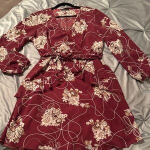 Chic Long Sleeve Floral Belted Dress in Burgundy and Creams